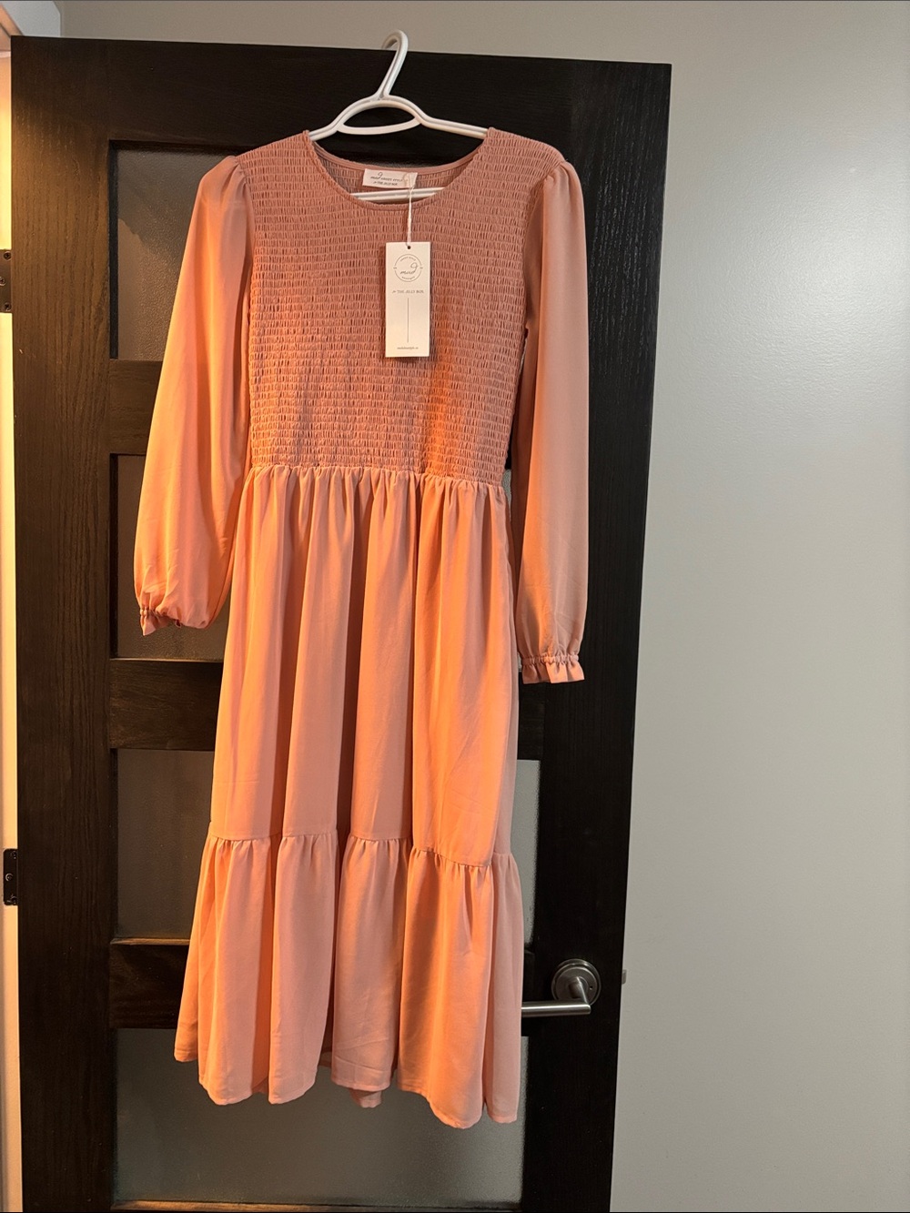 Smocked Bodice Long Sleeve Midi Dress - Blush Pink
